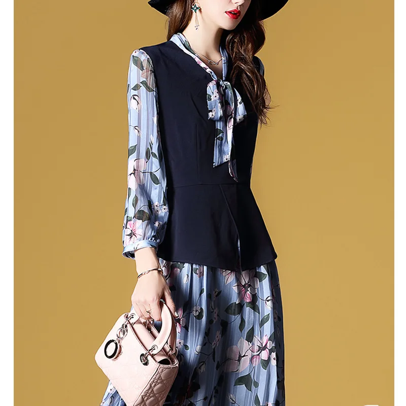 

Ozhouzhan 2019 Spring New Style WOMEN'S Dress Joint Mock Two-Piece Bow Printed Chiffon Dress