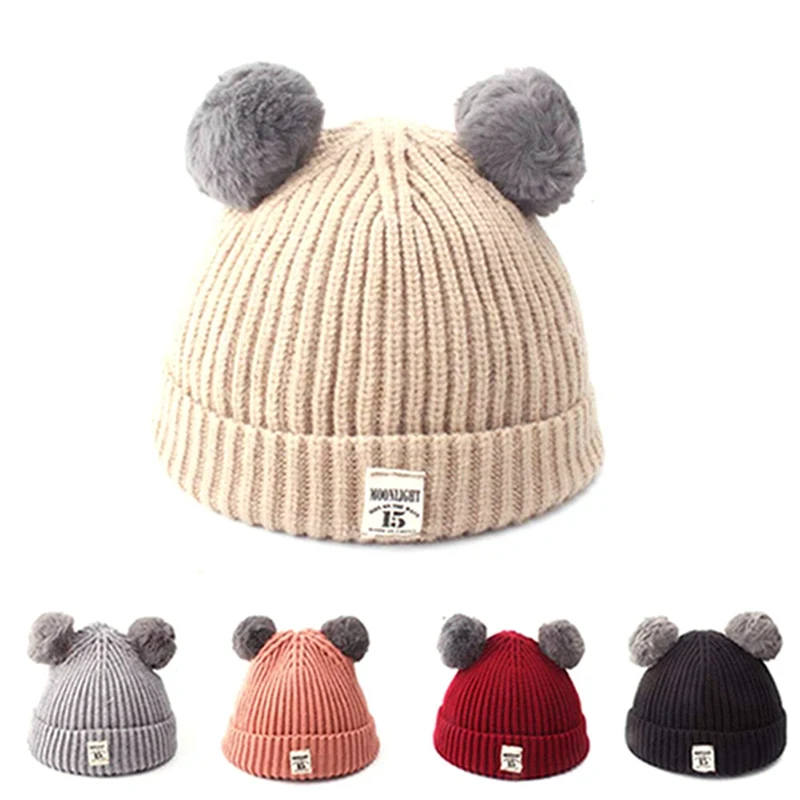 Зимняя детская теплая зимняя вязаная шерстяная шапка с двойным шариком детская теплая шапка