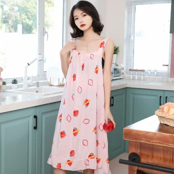 

Summer Korean Style Nightgown Sleeveless Sexy Cotton Silk Halter Belt Female Nightdress Fresh Student Dressing Gown Ночнушка