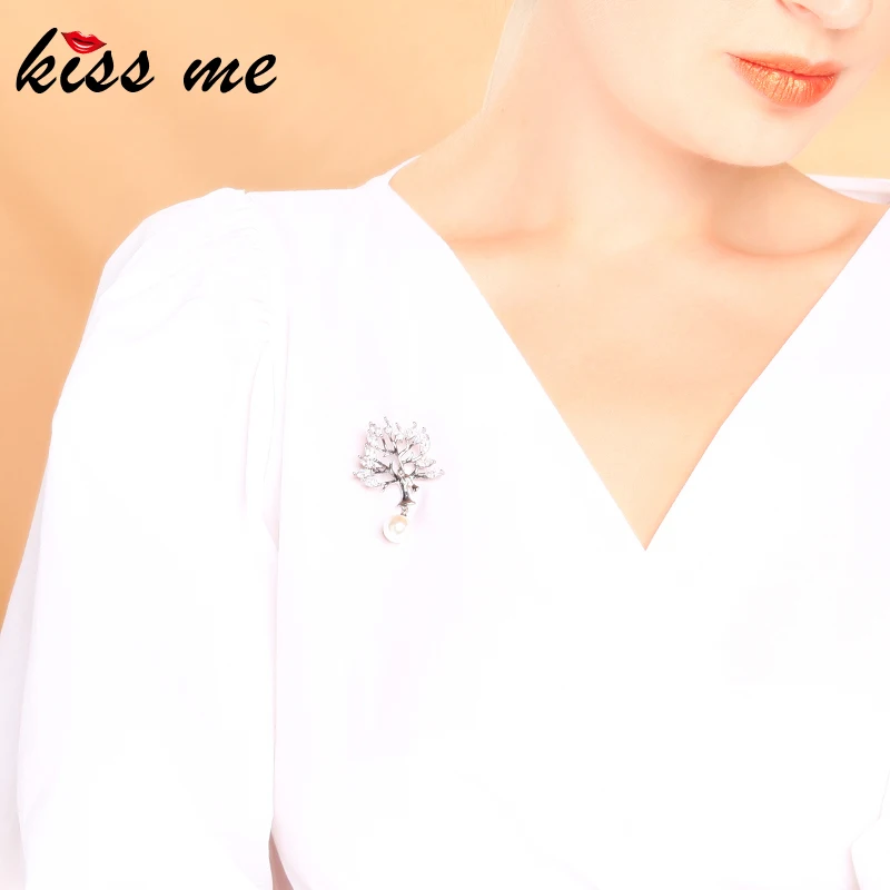 Kissme изысканный белый золотой цвет латунь птица Блестящий Цирконий листья дерева стеклянные жемчужные подвесные Броши для женщин Новая мода ювелирные изделия
