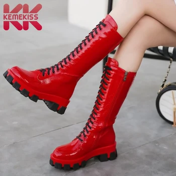 

KemeKiss New Woman Knee High Boots Thick Bottom Lace Up Woman Long Boots Cool Punk Ladies Winter Shoes Club Footwear Size 34-40