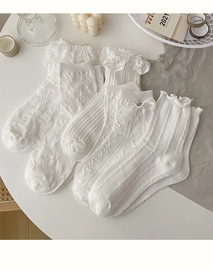 Lolita White Lace Socks Women Heart Bowknot Cotton Socks Femme Sweet JK Socks Ankle Dress Calcetine Medias
