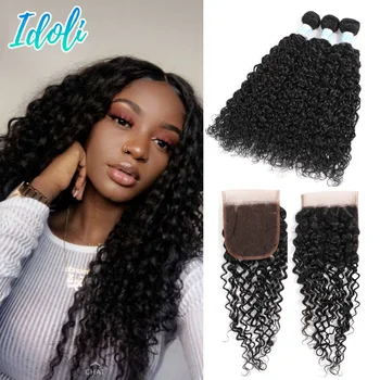 

Idoli Hair Malaysian Jerry Curly Human Hair Bundles With Closure 4*4 Closure Free/Middle/Three Part 100% Remy Hair Extension