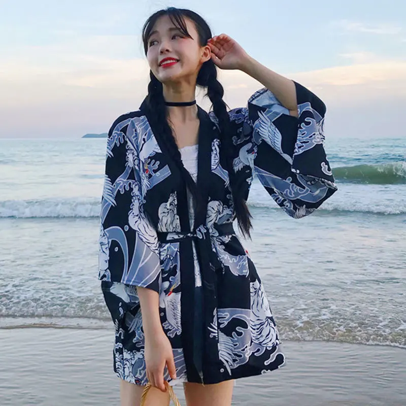 Новое традиционное японское кимоно свободный кардиган женский косплей рубашка тонкое кимоно юката летнее пляжное пальто солнцезащитный Haori Geisha