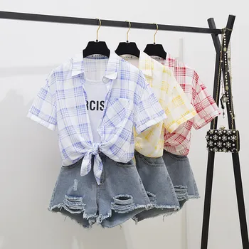 

Summer 2 Pieces Suits Girl Print Chiffon Blouse Shirt Women Tops + Shorts Set 2020 New Women Two Piece Set Casual School Outfit