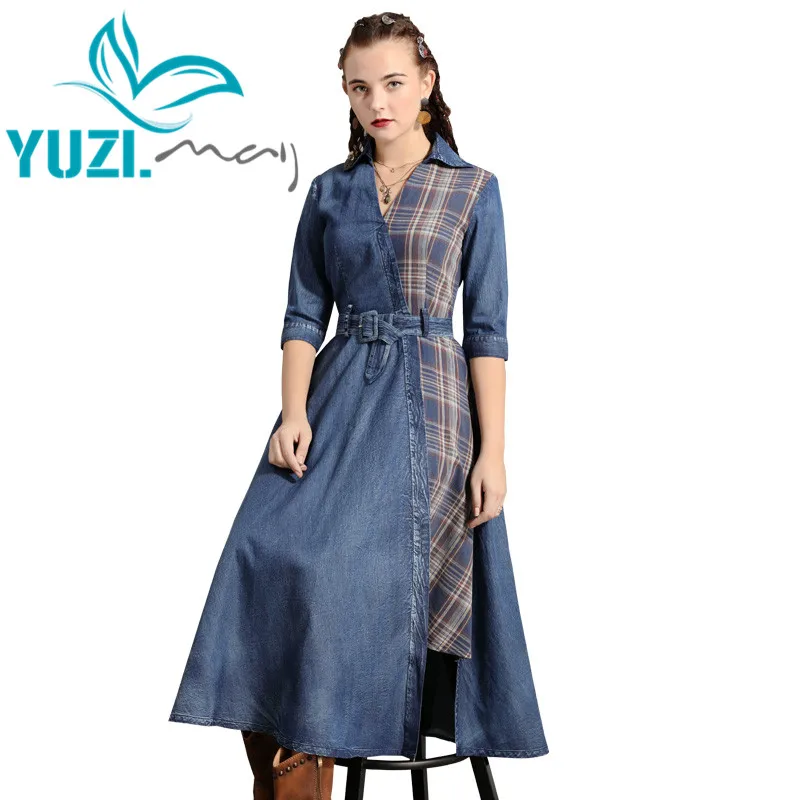 Женское платье 2019 Yuzi.may Бохо новые джинсовые женские платья с V-образным вырезом