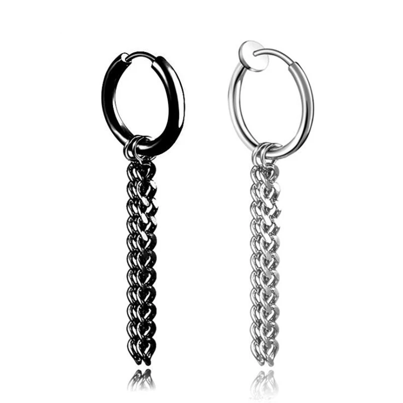 new punk black cool double chain stud earrings piercings for women &amp men personality non piercing fake fashion jewelry | Украшения и