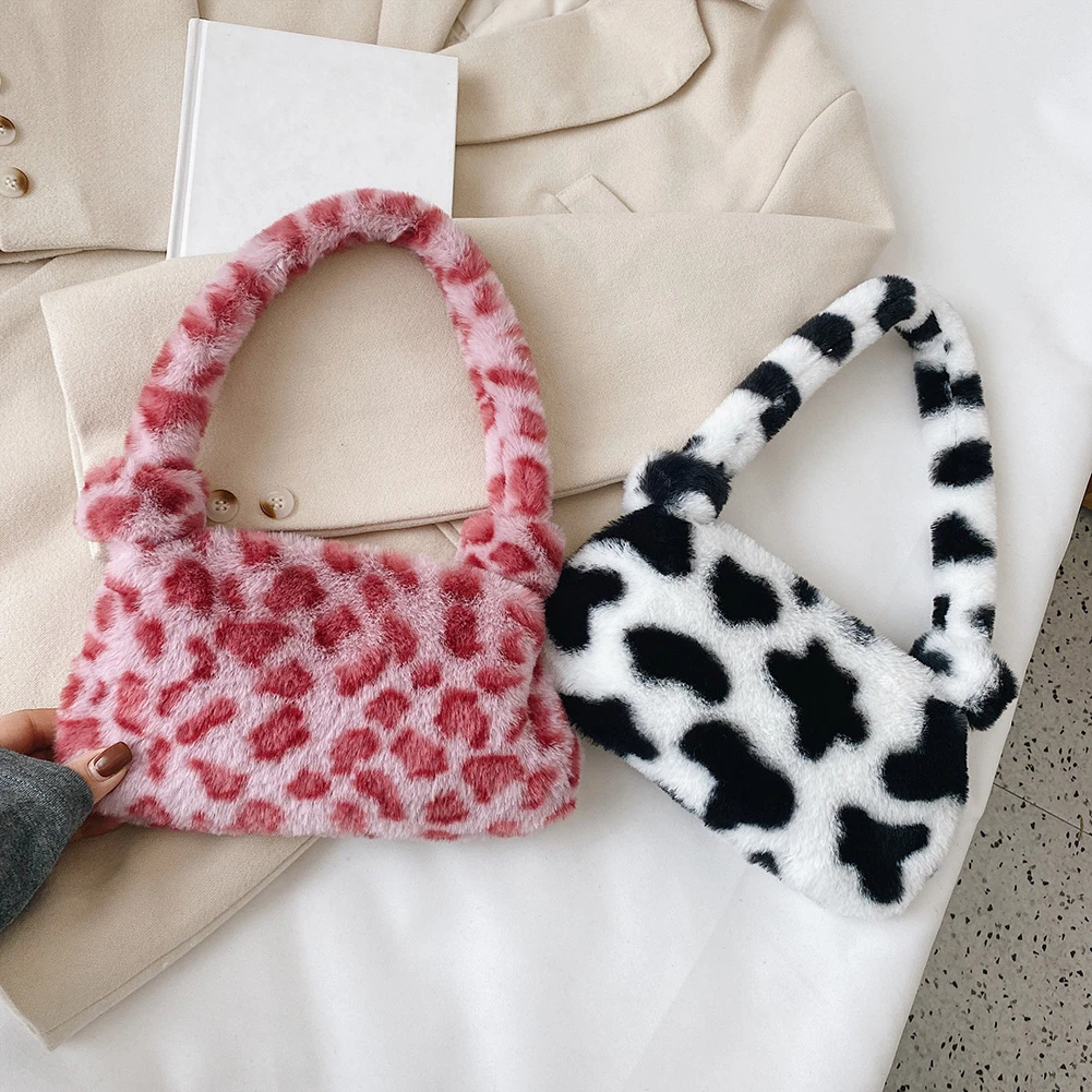 fluffy cow print shoulder bag