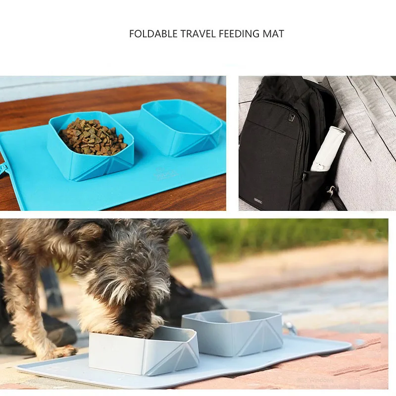 Travel Collapsible Silicone Pets Double Bowl Puppy Dog Cat Food Water Feeding Non-Skid Silicone Mat Cup Dish Pet Accessories