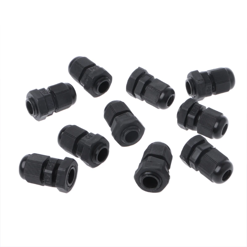 10 Pcs PG7 Waterproof Connector Nylon Gland Black For 4-7mm Diameter Cable Y1QB