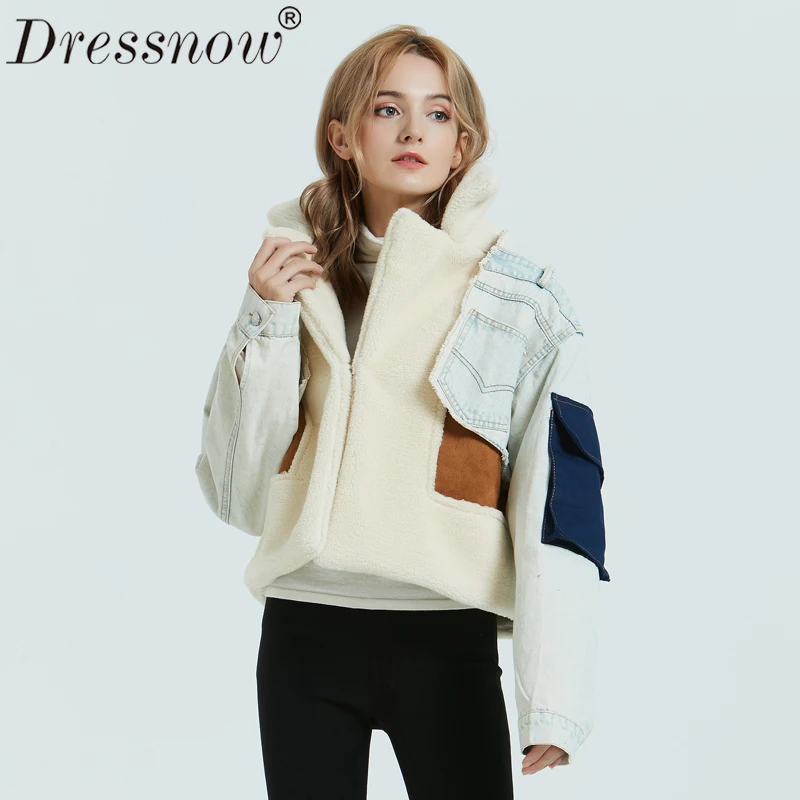 Dressnow, женская короткая джинсовая стеганая куртка, для девушек, плюс бархат, толстая овечья шерсть, пальто, женские модные зимние пальто