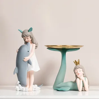 

[HHT] Nordic Mermaid Dolphin Sculpture Ornaments Mermaid Fruit Tray Storage-tray Living Room Desktop Resin Home Soft Decorations