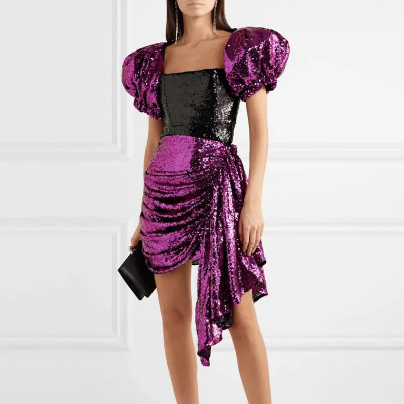 AIMENUNU Лоскутные комплекты из двух предметов с блестками для женщин квадратный воротник слоеный топ с коротким рукавом Высокая талия Нерегулярные юбки костюмы для женщин - Цвет: Purple