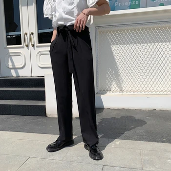 

Autumn High Waist Design Belt Waist Black Trouser Men Vintage Fashion Black Pants Male Streetwear Hip Hop Straight Harem Trouser