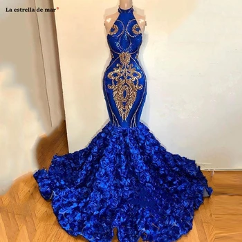 

Vestido formatura New Royal Blue Halter Mermaid Africa Prom Dresses Gold Appliqued Sleeveless Rose Flower Train Formal Evening
