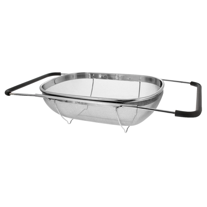 Premium Quality Over The Sink Stainless Steel Oval Colander with Fine Mesh 6 Quart Strainer Basket& Expandable Rubber Grip Hand