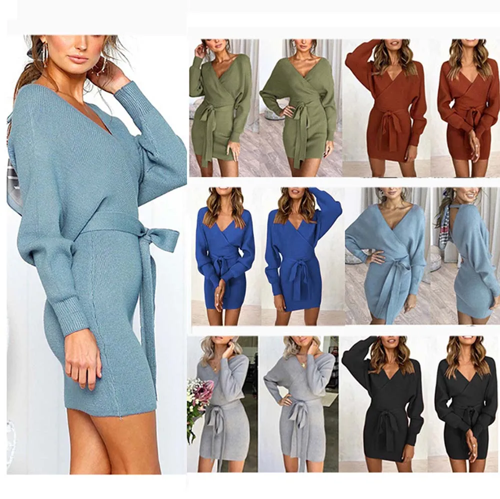 

Women Sexy Solid Color Dress Long Sleeve High Waist V Neck And Hips Polyester Winter Autumn Female Charming Clothing Vestidos