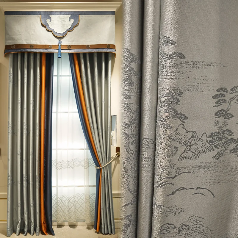 

Modern Chinese model room curtain Zen living room study high precision jacquard splicing shading new Chinese curtain cloth