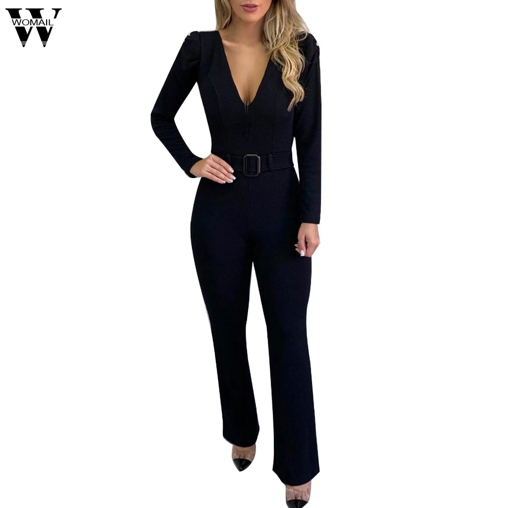 

Womail Women Casual Solid Jumpsuit Plus Size Long Sleeve V-Neck Belt Slim High Street Long Jumpsuit elegant Overalls 2019 mujer