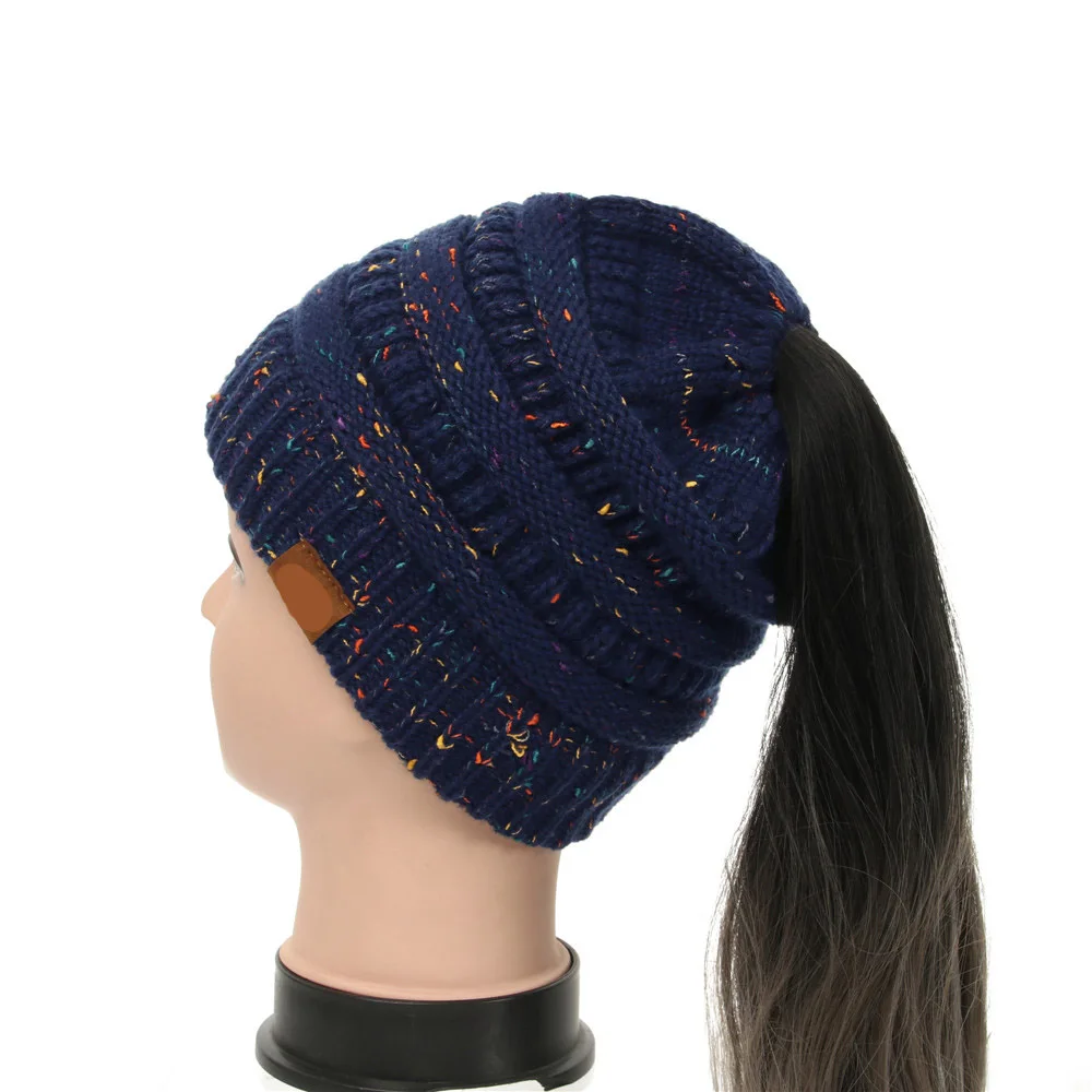 25 цветов конфетти Ponytai l Beani e для вязаный бюстгальтер шапка Skullies Beanies теплая шапка s Женская вязаная Стильная шапка с биркой - Цвет: Navy