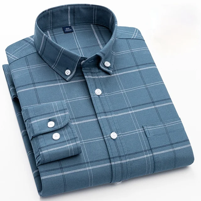 100% Cotton Oxford Plaid Solid Color Striped Shirt Tops Casual Long Sleeve Shirt Slim Fit Shirt Men Camisa Social Korean Clothes 6 6