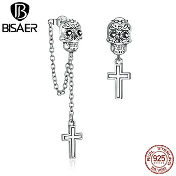 

BISAER 925 Sterling Silver Brincos Skull with Cross Stud Earrings for Women Chain Simple Fashion Earrings Jewelry Bijoux HVE419