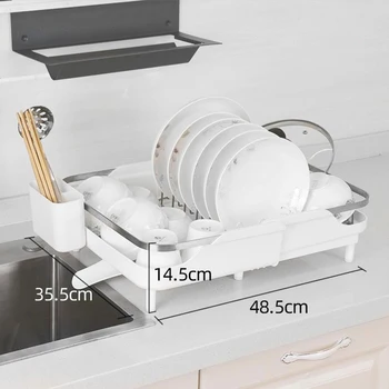 

New Hot Kitchen Stainless Steel Drain Rack Retractable Kitchen Dishes Holder Plastic Drain Rack SMR88