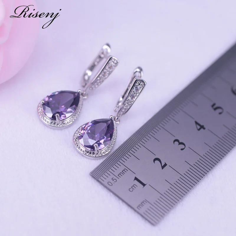Many Colors Purple Crystal Silver Color Jewelry Big Water Drop Square Bridal Jewelry Earrings Necklace Ring Set