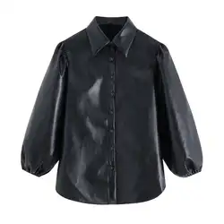 Женские черные пуговицы для блузки из искусственной кожи с пышными рукавами офисная одежда женская элегантная рубашка однотонный Топ blusas