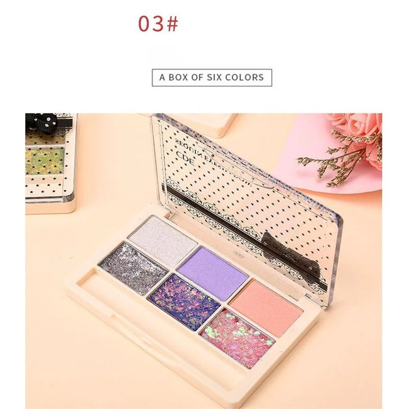 6 Colors Shimmer Glitter Eyeshadow Palette Long Lasting Diamond Eye Shadow Waterproof Mineral Powder Eye Shadow Makeup - Цвет: 03