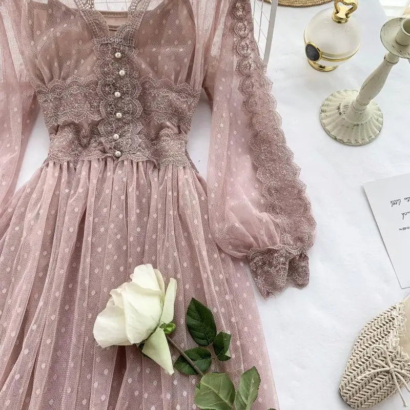 Spring Autumn 2020 New Elegant Slim v-neck Mesh Dress Women Sweet Hollow Out Lace Dress High Waist Two Peices Women's Sets Mh547