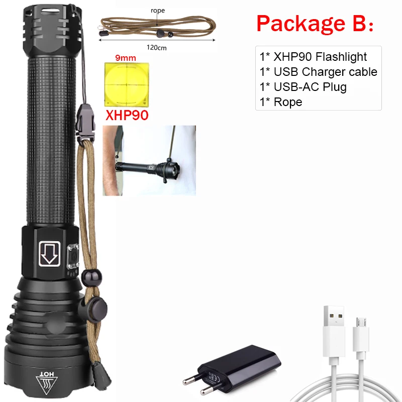 Package B Самый мощный светодиодный фонарь XHP90, яркий фонарь с зумом XHP70, перезаряжаемая USB лампа 18650 26650 для кемпинга - Испускаемый цвет: Package B