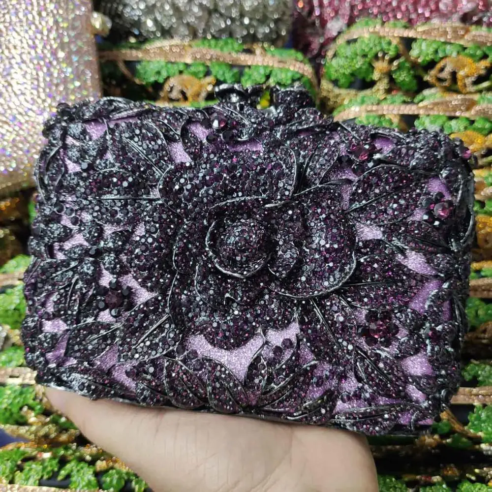 Purple Вечерние сумки-клатчи с серыми цветами, стразы, розовые роскошные свадебные сумки с кристаллами, сумки на плечо SC780 - Цвет: Purple