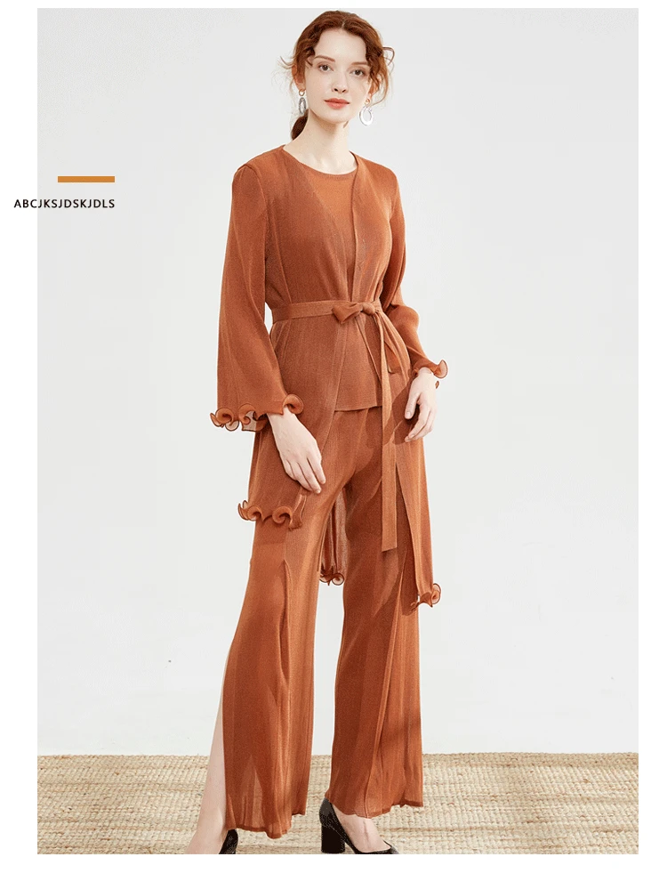 SELLINGMiyake, комплект из трех предметов, плиссированное асимметричное длинное пальто+ большая Свободная безрукавка с круглым вырезом+ прямые штаны