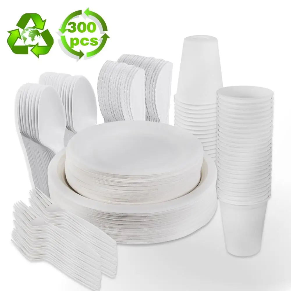 300 шт одноразовые столовые приборы для вечеринки, свадьбы, дня рождения, разлагаемые одноразовые тарелки, чашки, ножи, вилки для мероприятий, вечерние принадлежности