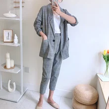 Женский комплект из двух предметов на весну и осень, корейский модный клетчатый свободный костюм с длинными рукавами+ штаны длиной до щиколотки, комплекты из 2 предметов