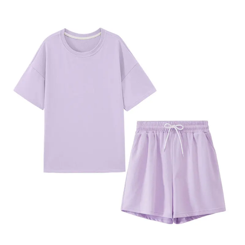 Chándal de verano para mujer, conjunto de dos piezas, ropa de ocio, camisetas de algodón de gran tamaño, pantalones cortos de cintura alta, ropa de Color caramelo
