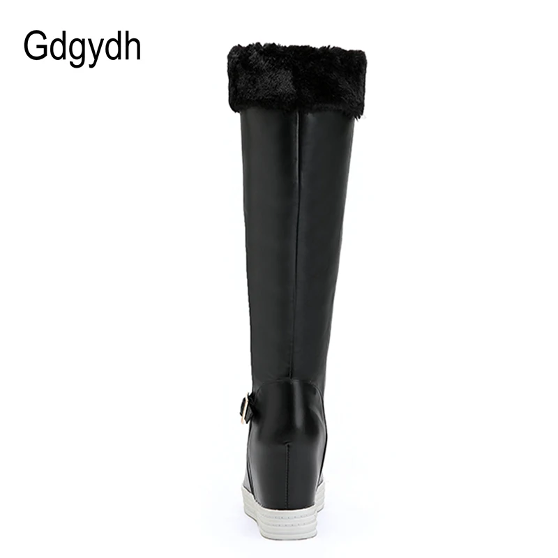 Gdgydh/Модная зимняя обувь с пряжкой; женские теплые зимние сапоги; водонепроницаемые сапоги выше колена на танкетке из мягкой кожи; женские плюшевые сапоги