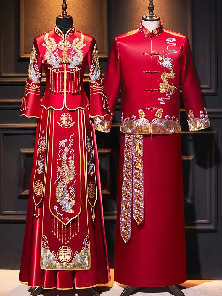 Chinese Style Couple Cheongsam Traditional Phoenix Embroidery Qipao Oriental Wedding Dress Robe Vestido Size S-2XL
