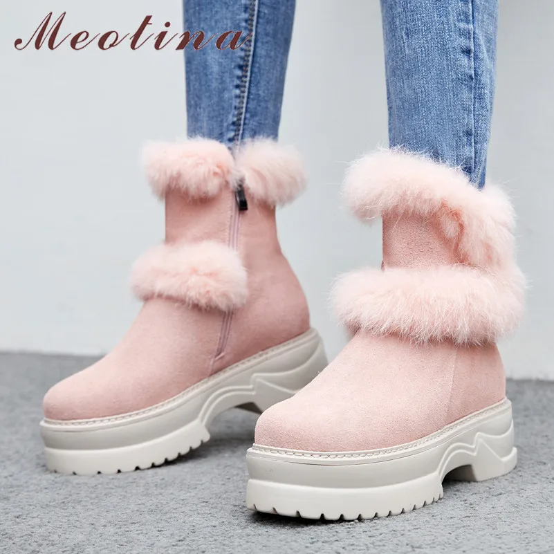 

Meotina Real Fur Snow Boots Women Cow Suede Flat Platform Ankle Boots Genuine Leather Zipper Shoes Ladies Winter Pink Size 34-39