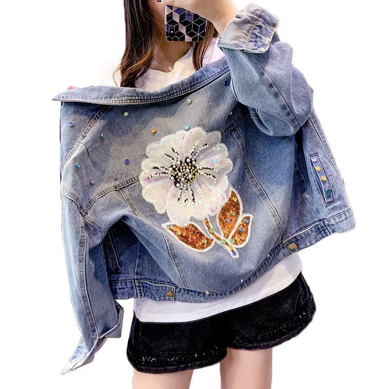 Куртка женская джинсовая с ручной вышивкой уличная одежда из денима заклепками