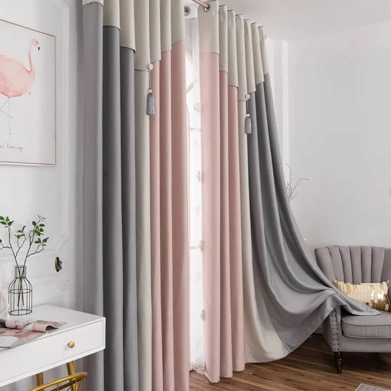 

American 2022 New Double-sided Linen Stitching Curtains for Living Dining Room Bedroom and Bedroom High Shading Simple and Fresh