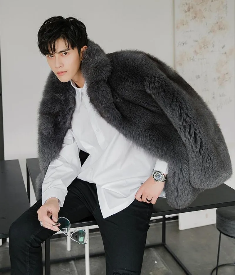 Роскошные высококачественные мужские зимние толстые теплые пальто из натурального Лисьего меха, модные повседневные Прямые мужские пальто с отворотом из натурального Лисьего меха, большие размеры