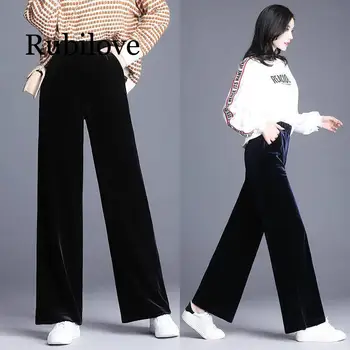 

2019 New women's large size Black Vintage Solid Velvet High Waist Trousers female Retro plus size loose Velvet wide-legged pants