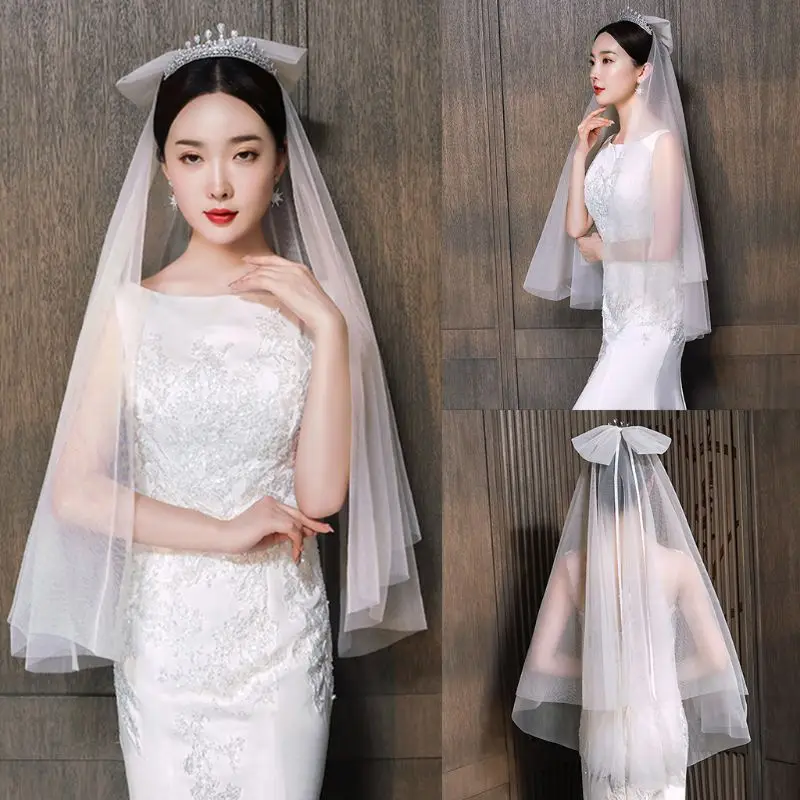 2 Tier Women Tulle Romantic Wedding Veil Bowknot Ribbon Bridal Hair Accessories C6UD