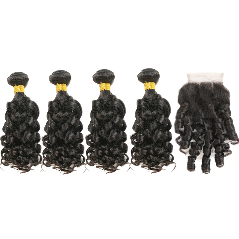 

Brazilian Bouncy Curly Human Hair Bundles With Closure 4*4 SOKU 4 Bundles With Lace Closure Non Remy Hair Weave Bundles