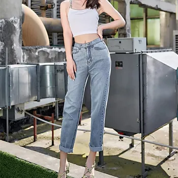 

Fashion Women 2019 Autumn New Loose Straight Jeans Pockets European American Retro High Waist Denim Pants Casual Solid Trousers