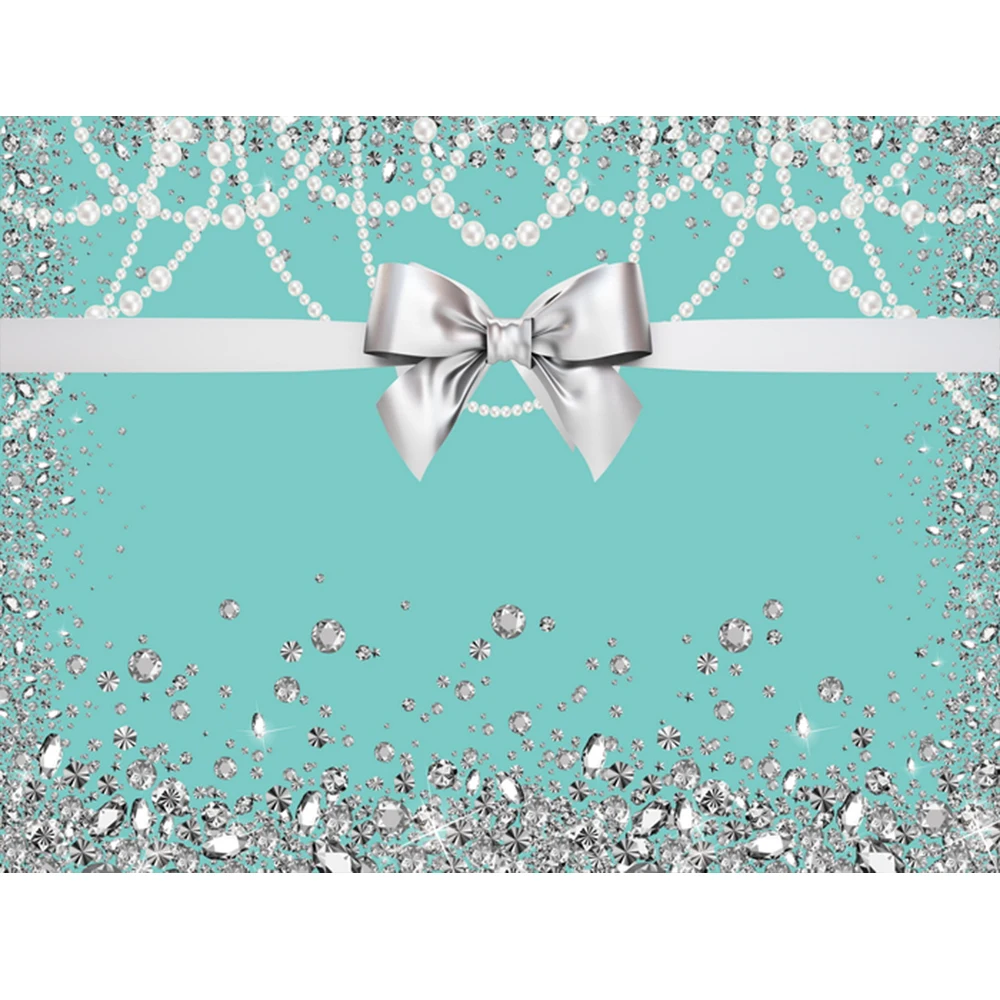 

Sweet 16th Birthday Party Photography Backdrop Tiffany Blue Pearl Diamond Bow Silver Glitter Decoration Photo Background