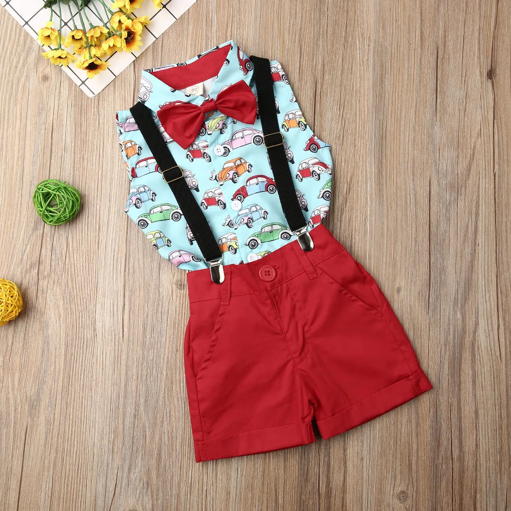 Летний детский костюм без рукавов для маленьких мальчиков, Свадебный галстук-бабочка, рубашка, комбинезон, красные шорты, наряд, нежный комплект
