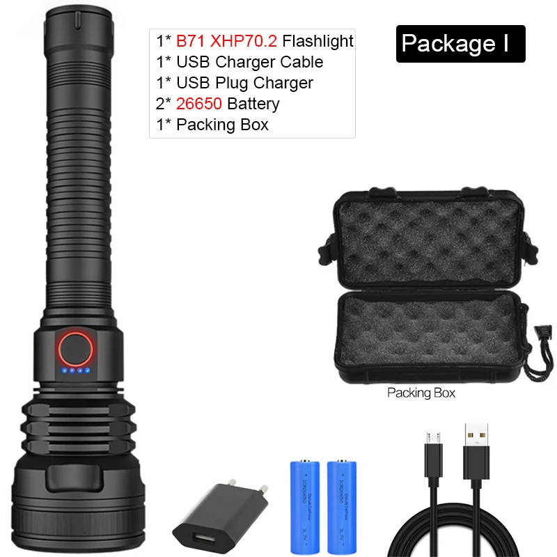 Package I Самый мощный светодиодный фонарик с зарядкой от USB, светодиодный фонарь, мощный фонарик XHP50 XHP70, водонепроницаемый фонарь, аккумулятор 26650 18650 - Испускаемый цвет: Package I